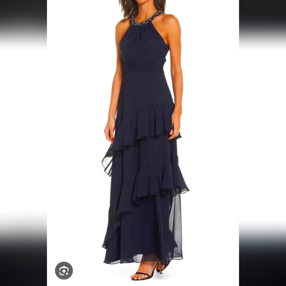 Eliza J Blue Ruched Embellished Halter Gown Maxi Evening Cocktail Wedding
